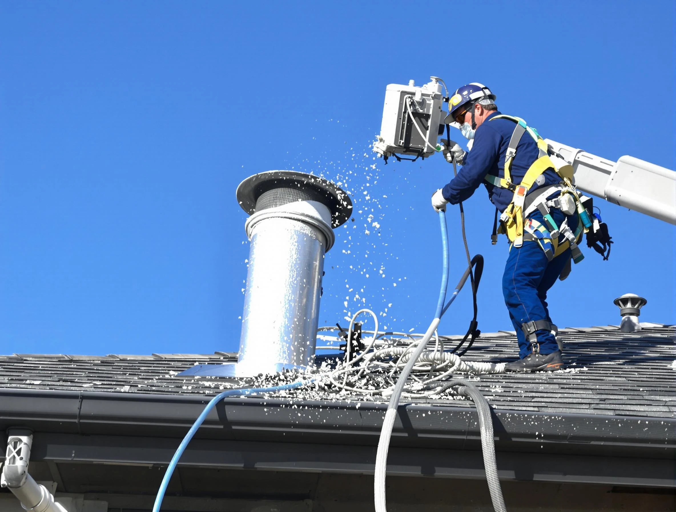 Hanceville Dryer Vent Cleaning certified technician safely cleaning a roof-mounted dryer vent in Hanceville